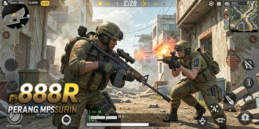 Gameplay mendebarkan dari 888R dalam aksi pertempuran FPS.