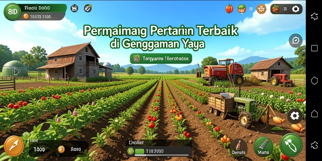 Tangkapan layar utama 8ID menampilkan aktivitas bercocok tanam yang seru.