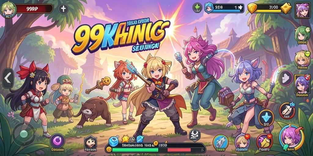 Tangkapan layar gameplay 99RP yang penuh aksi dan karakter anime.