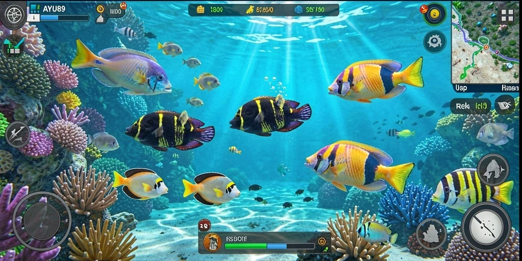 Screenshot AYU89 menampilkan gameplay seru menangkap ikan.