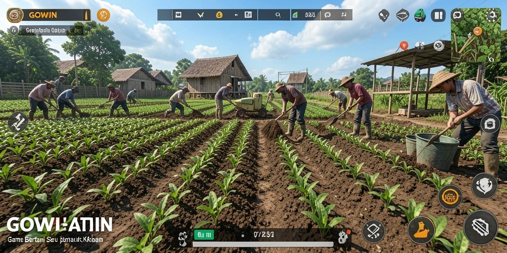 Tampilan gameplay GOWIN dengan berbagai tanaman dan hewan ternak.
