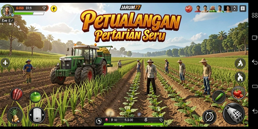Tampilan gameplay <strong>JARUM77</strong> yang menampilkan ladang subur dan hewan ternak.