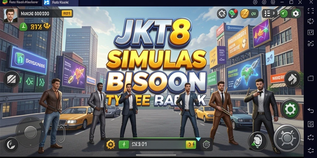 Tampilan layar utama <strong>JKT8</strong> yang menunjukkan bisnis yang sedang dikembangkan.