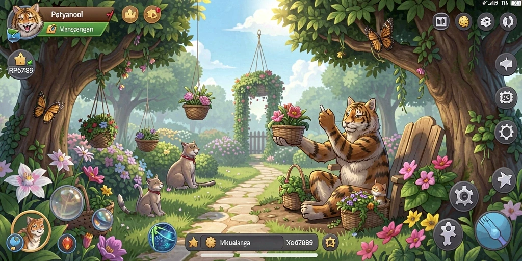 Screenshot menunjukkan gameplay berkebun yang penuh warna dan menarik.