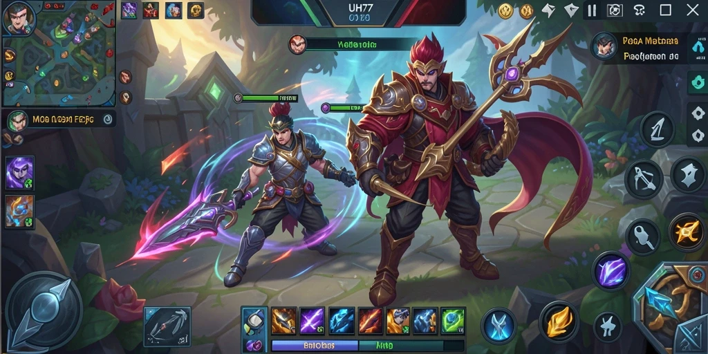 Screenshot gameplay UH77 yang menampilkan karakter dan aksi MOBA.