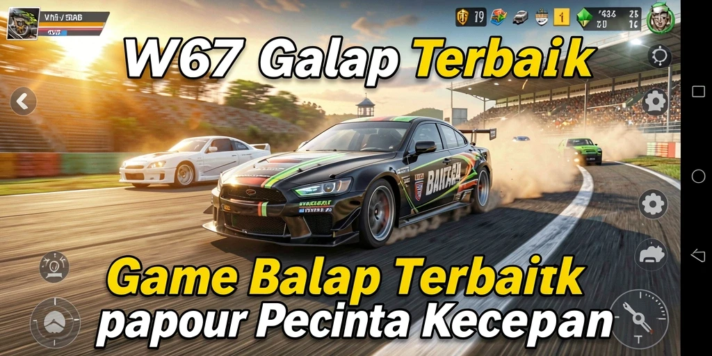 Screenshot gameplay W67 menampilkan aksi balap yang mendebarkan dan mobil-mobil kece.