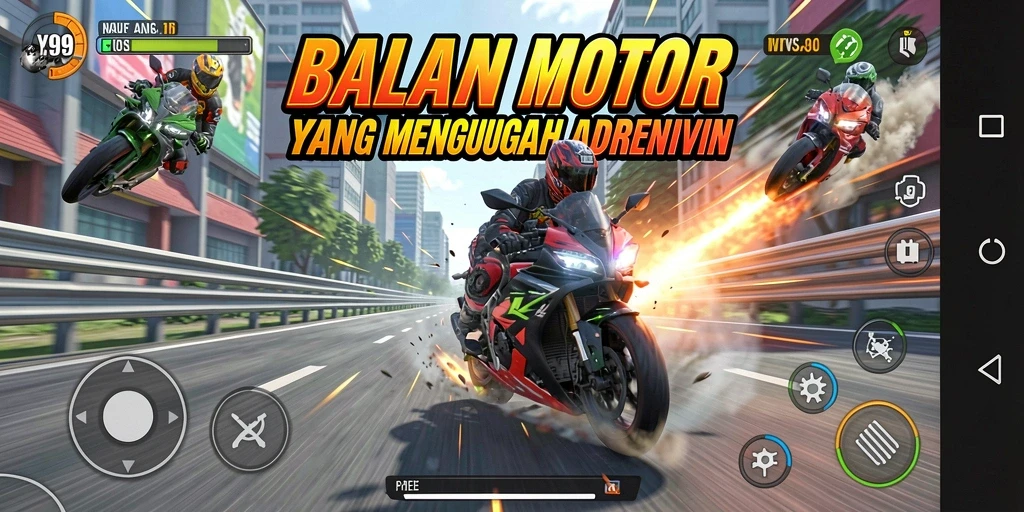 Screenshot gameplay Y89 yang memperlihatkan balapan motor yang intens.