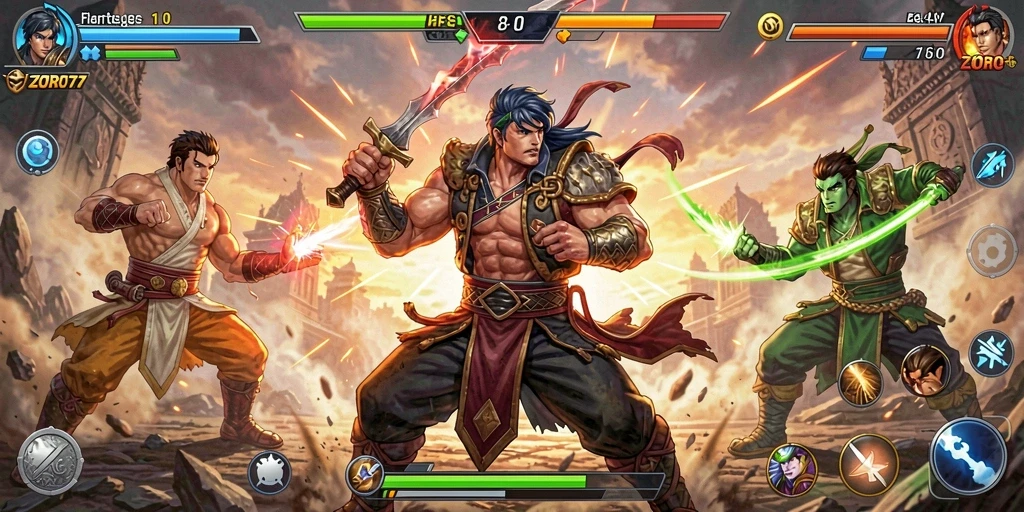 Tampilan gameplay mendebarkan dengan pertarungan intens di ZORO77.